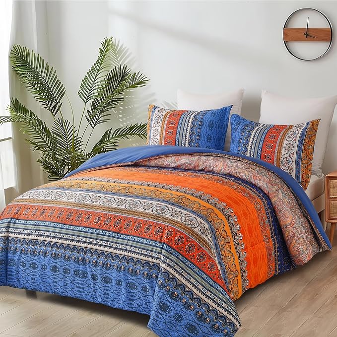 Boho Comforter Queen Size, 3 Piece Blue Orange Bohemian Striped Western Comforter Set, Ultra Soft Lightweight Microfiber Boho Hippie Bedding Set with 2 Pillow Shams for All Seasons