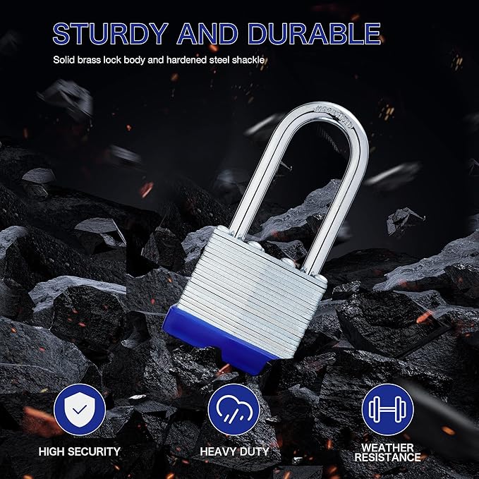 Lock Outdoor Padlocks, Laminated keyed Padlock, 1-9/16 in Wide Body, Padlock Set with Keys, Long Shackle (1Pack)