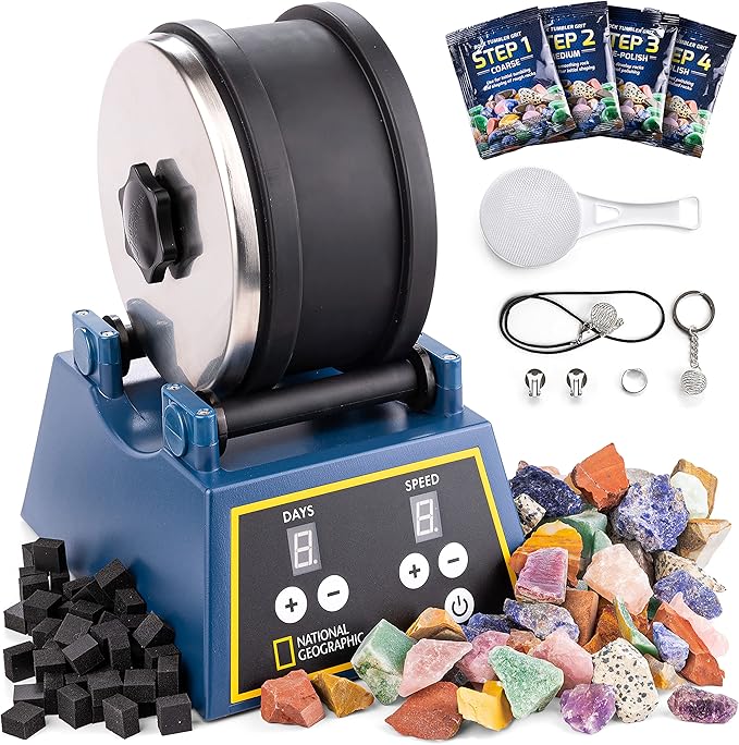 National Geographic - 3 lb rock tumbler kit, extra large capacity barrel with 3 speed motor and 9 day timer, kit includes rocks for polishing and polishing rocks, rock tumbler
