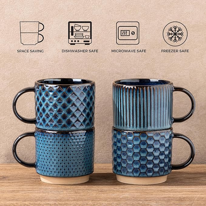 GBhome 6 OZ Stackable Coffee Mugs Set of 4, Ceramic Coffee Cups Set | 4 Assorted Designs, Embossed Mugs with Texture Patterns for Espresso/Tea, Dishwasher&Microwave Safe, Deep Sea