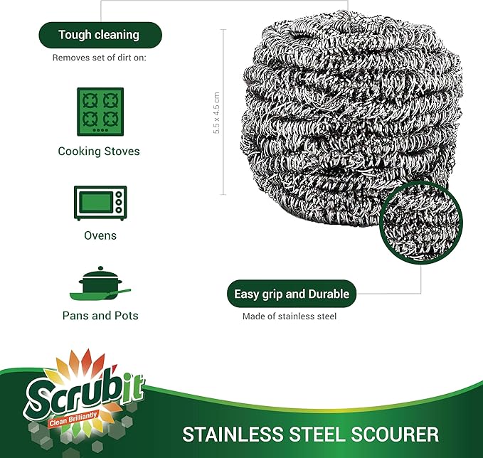 SCRUBIT 6 Pack Stainless Steel Scourers Steel Wool Scrubber Pad Used for Dishes, Pots, Pans, and Ovens. Easy scouring for Tough Kitchen Cleaning.