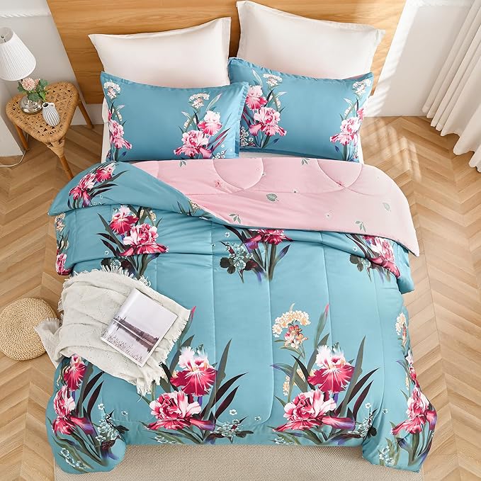 Shatex (86x82Inch 3 Piece Full Size Comforter Set Blue All Season Bedding Botanical Teal Floral - Ultra Soft 100 PolyesterAi 1 Full Comforter with 2 Pillow Shams(20x26Inch)