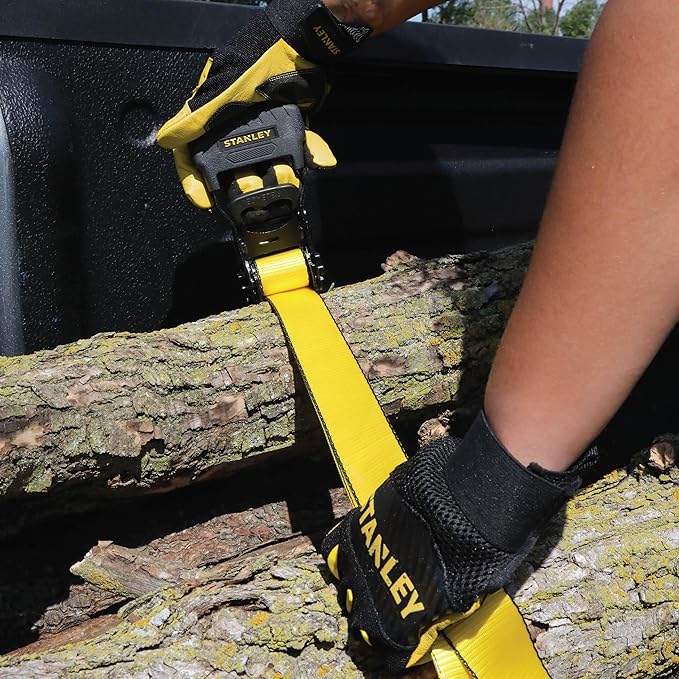 STANLEY S1007 Black/Yellow 1.5" x 16' Ratchet Tie Down Straps - 1,100 lb Safe Working Load / 3,300 lb Break Strength, 2 Pack