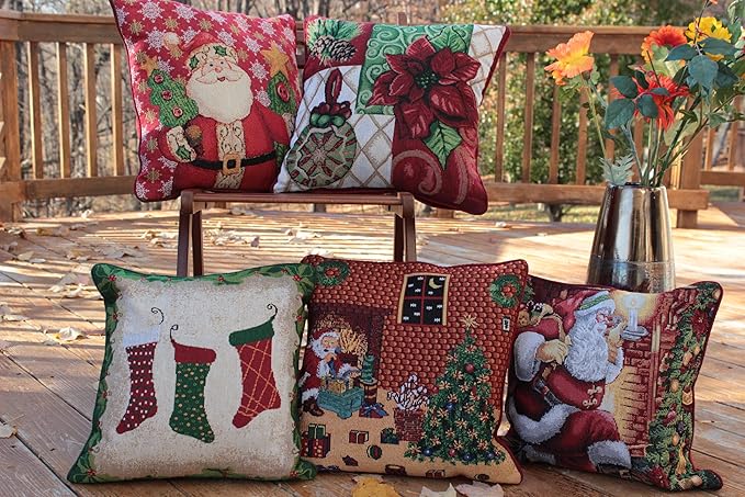 Tache Christmas Festive Winter Holiday Santa Down The Chimney Decorative Woven Tapestry Cushion Throw Pillow Cover Set, 2 Piece 16 x 16 Inches