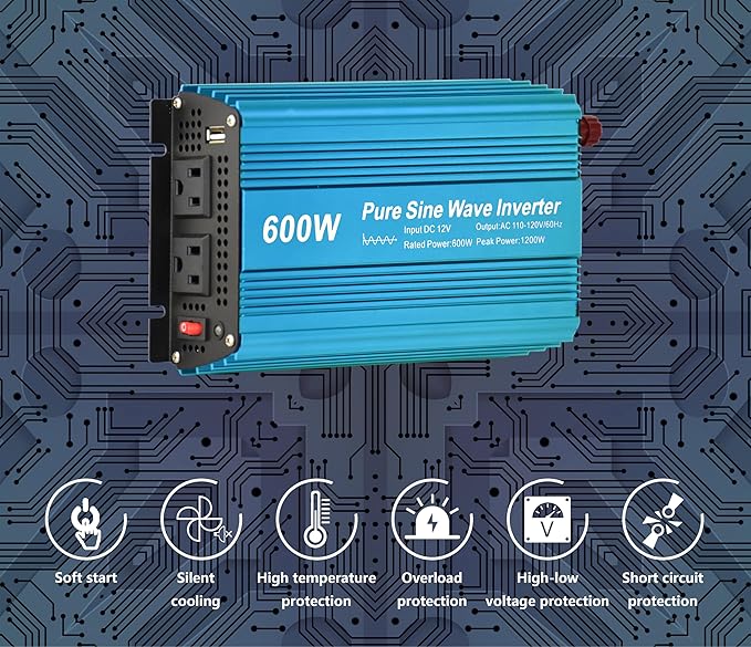 DC 12V to AC120V Pure Sine Wave Power Inverter 600W with Dual sockets Output and DC 5V 2Amp USB Output. Ideal for Most Small Power appliances. (600W) Blue