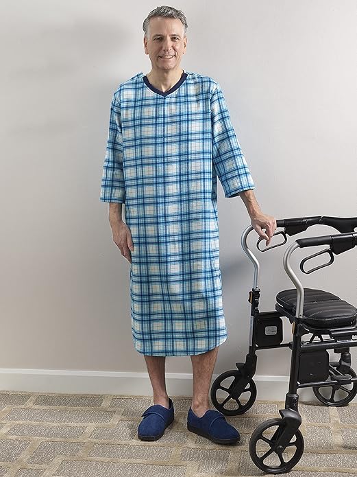 Mens Open Back Adaptive Flannel Nightgown for Seniors - Back Snap Nightgowns with Dome Closure