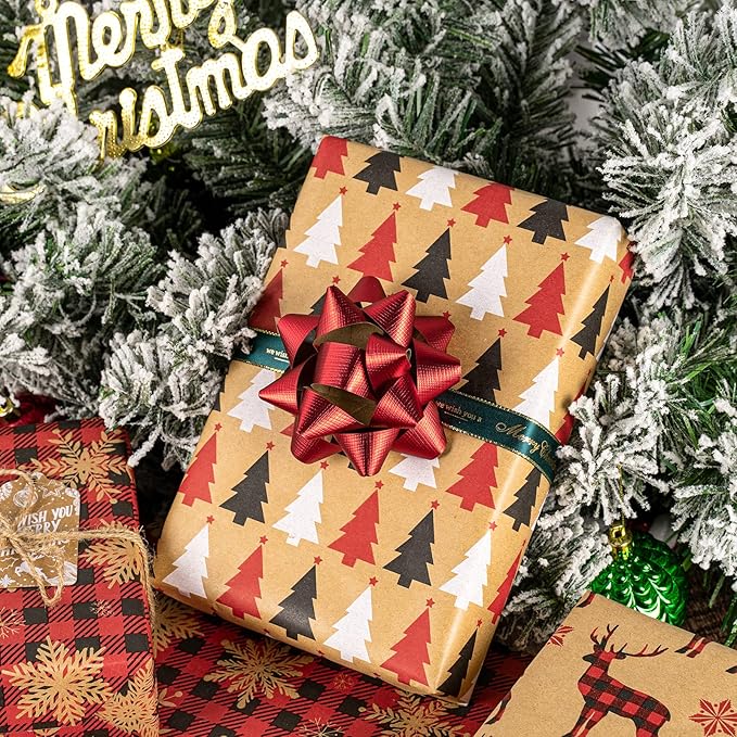 MAYPLUSS Kraft Christmas Wrapping Paper Roll - Mini Roll - 17 inch X 120 inch Per roll - 3 Different Red Reindeer Snowflakes Design (42.3 sq.ft.ttl)