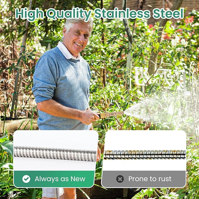 Cesun Metal Water Hose 50 ft, Outdoor Heavy Duty Garden Hose, Flexible, No Kink and Lightweight Stainless Steel Garden Hose for RV, Outdoor, Yard, Lawn, 50 foot x 5/8", Female to Male