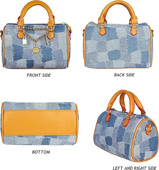 Mini Small Denim Purse Jean Boston Barrel Bags Quilted Checkered Top Handle Canvas Tote Crossbody bags Satchel Handbag for Women,Blue