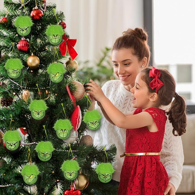 12PCS Christmas Ball Ornaments,6 Styles Glitter Christmas Tree Ornaments with Fuzzy Hair, Green Elf Balls Ornament Holiday Hanging Xmas Balls Baubles for Tree Decorations
