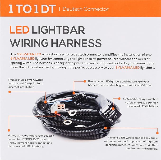 SYLVANIA - LED Light Bar Wiring Harness Kit - Weatherproof Deutsch Connector, 12V On Off Switch Power Relay Blade Fuse Off Road Lights LED Work Light, Spot Flood Combo, Single Lightbar (1PC)