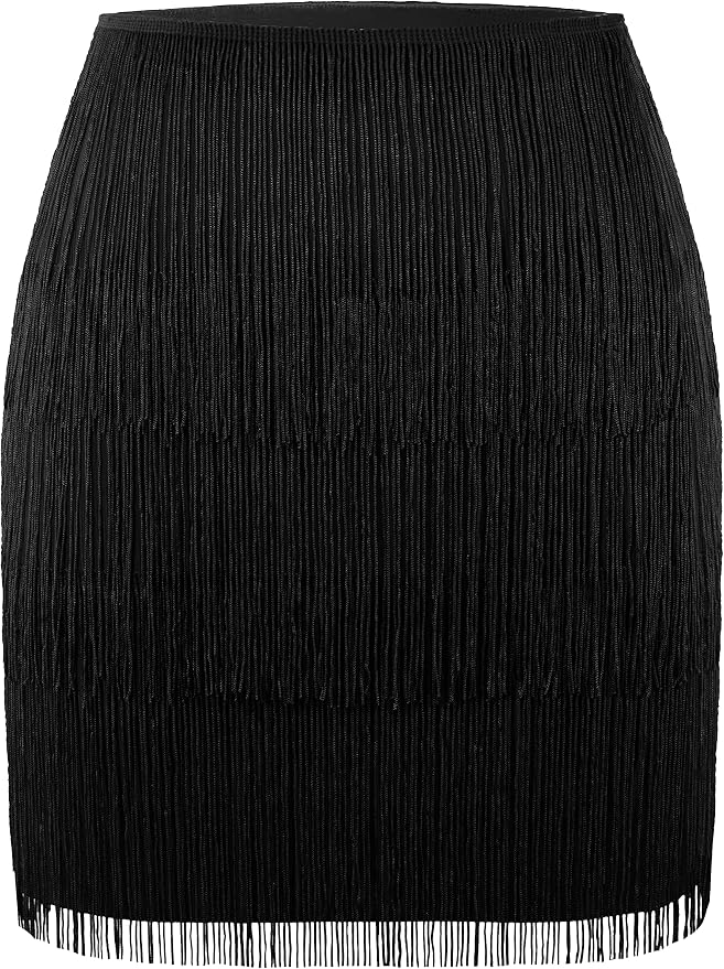 MANER Women’s Fringe Skirt Stretchy Sparkly Bodycon Tassel Trim Mini Skirt l.