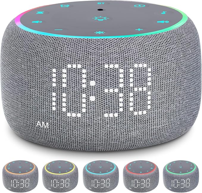 White Noise Machine Alarm Clock for Bedrooms - 5W Stereo Bluetooth Speaker - 24 Soothing Sounds - 9 Night Lights - Auto-Dimmable Digital Alarm Clock Sound Machine for Sleeping