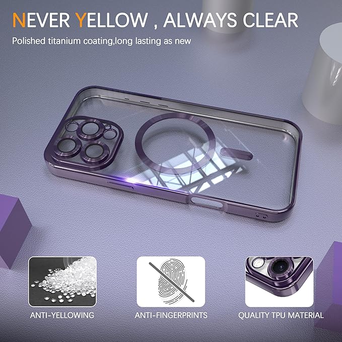 Magnetic Clear Case for iPhone 14 Plus with Full Camera Lens Protection,Compatible with MagSafe,Plating Soft TPU Phone Case,Anti-Scratch Shockproof Slim Cover for Women Gilrs Men - Purple