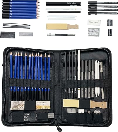 40PC Drawing Kit - Pencil, Marker, White Charcoal, Graphite and More. Gift Set Perfect for Beginners, Professional Artists, Painters, Students - Art Supplies With Pop-Up Carrying Case