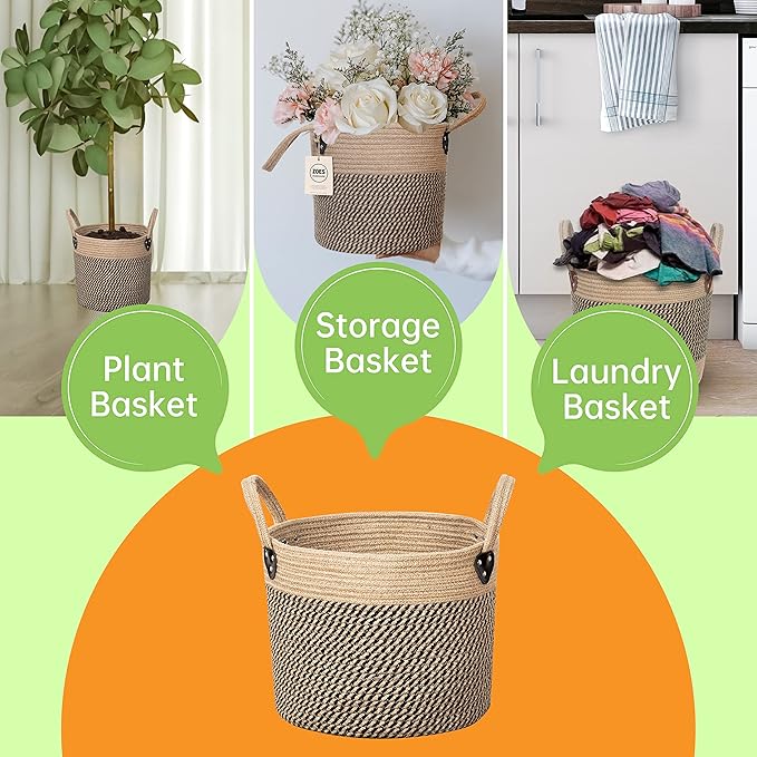 Jute Rope Basket 12"x 12" Woven Plant Basket with Handles for 8"-11"Plant Pots,Boho Indoor Planters Cover,Multifunctional Basket for Outdoor PlantsAAArtificial PlantAAPicnicAAStorage
