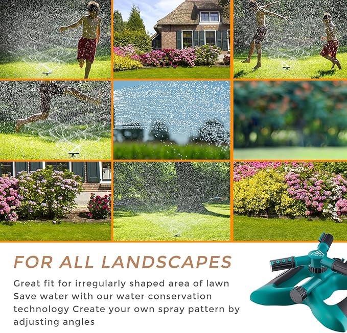 2 Pack Heavy Duty 3-Arm Lawn Sprinkler, Rotating 360 Degrees for Wide Area Coverage, Yard Sprinklers with Two Types of Hose Connectors - Green