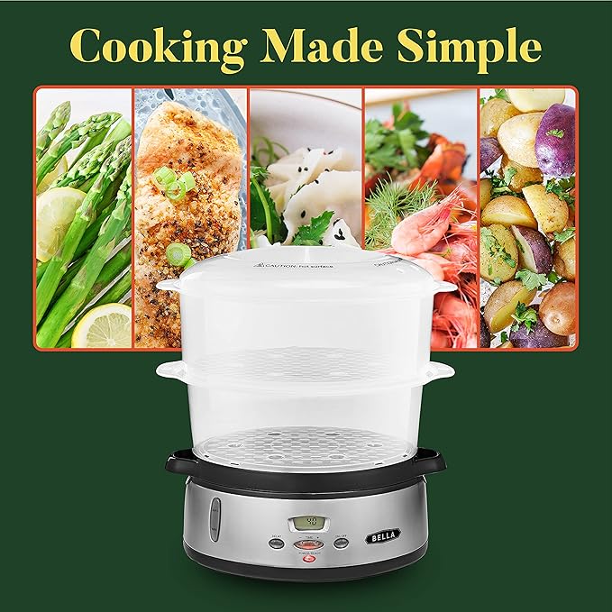 BELLA 9.5 QT Triple Tier Digital Food Steamer, Healthy Fast Simultaneous Cooking, Stackable Baskets for Vegetables or Meats, RiceGrains Tray, Auto Shutoff Boil Dry Protection, Stainless Steel