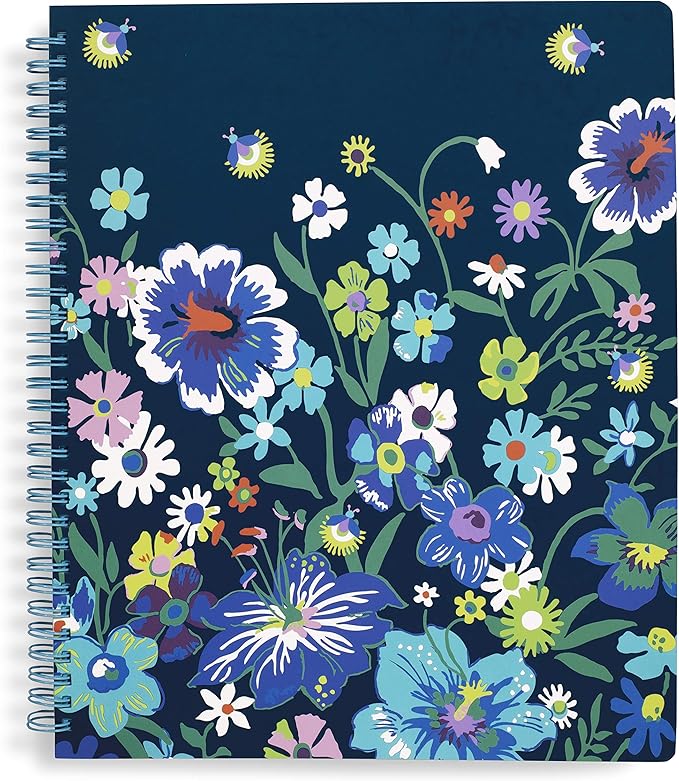 Vera Bradley Blue Floral Large Spiral Notebook with Pocket and 160 Lined Pages, Moonlight Garden
