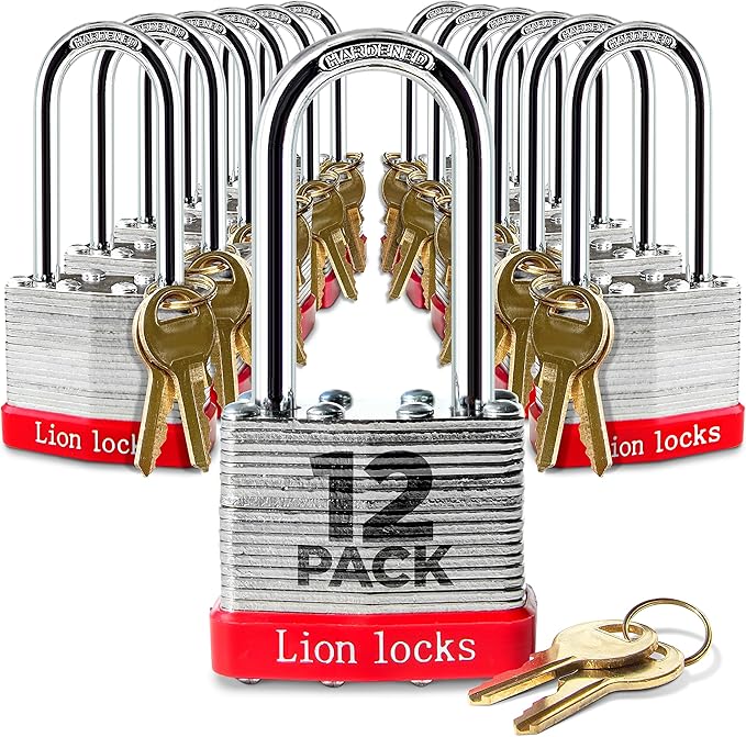 12 Keyed Alike Padlocks with 2" Long Shackle, 24 Keys - Padlocks for Outdoor Use, Locks with Keys, Hardened Steel Case, Pick Resistant Brass Pin Cylinder for Hasp Latch, Locker, Gate
