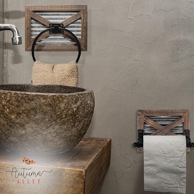 Autumn Alley Rustic Farmhouse Toilet Paper Holder Wall - Farmhouse Bathroom Country Decor Accessories with Warm Brown Wood, Galvanized Metal Black Adds Western Decor Charm