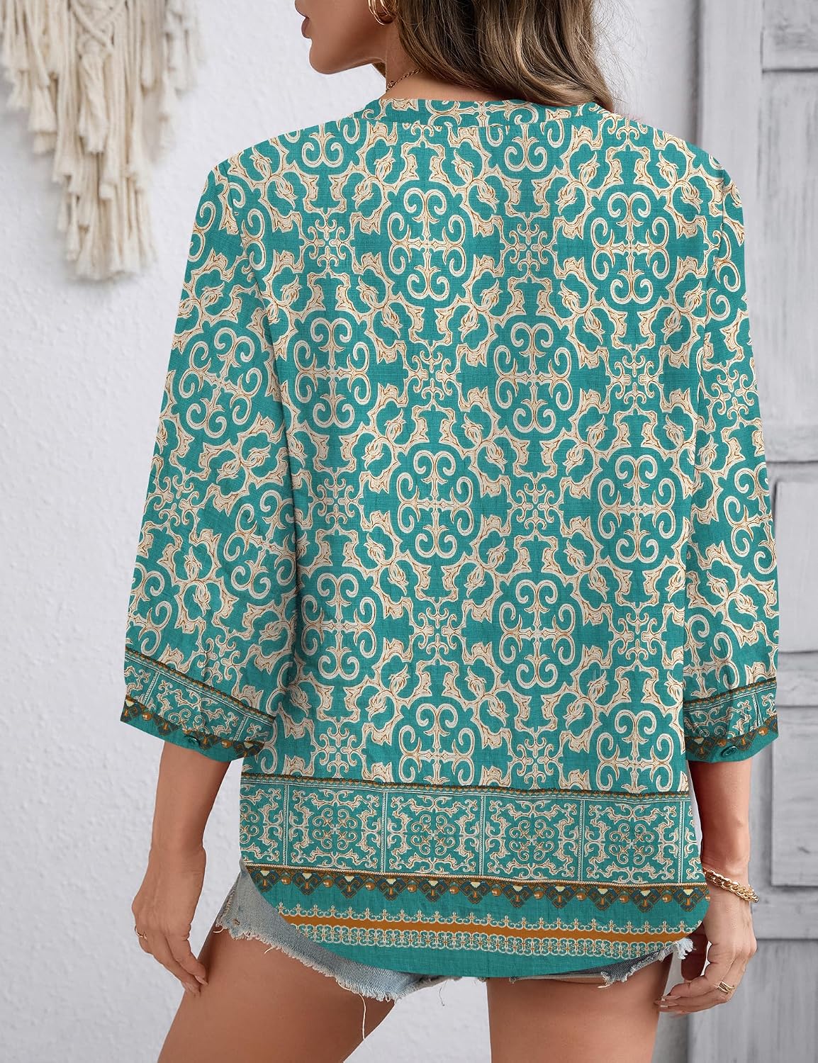 Womens 3/4 Sleeve V Neck Boho Peasant Blouses Dressy Casual Breathable Soft Tunic Tops with Button Cuffs