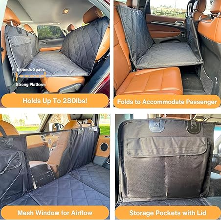 Dog Back Seat Extender - Waterproof Mesh Platform for Cars, Trucks, SUVs - With Storage Pockets and Door Covers (Black)