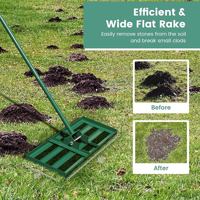 Lawn Leveling Rake, 30"/36"/42" x 10" Professional Grade Soil Distribution Rake w/67 Ergonomic Handle, Adjustable Soil Level Tool for Golf Courses, Gardens, Farms & Backyards (30", Green)