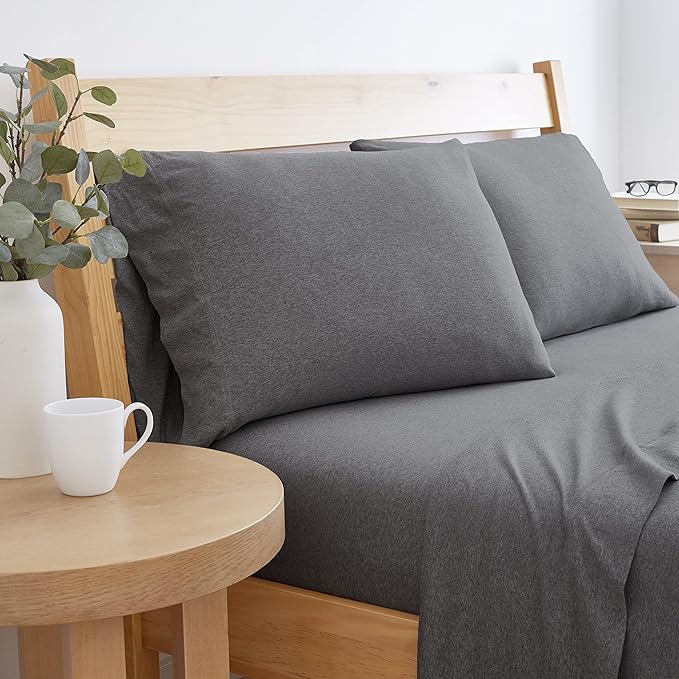 Road Trip America Jersey Knit Sheet Set - 4 Pieces Queen Cotton Sheets Set - Soft Cozy Stretchy Knit Bed Linen (Dark Grey, Queen)