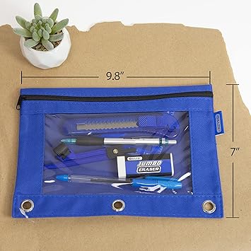 BAZIC Pencil Pouch 3 Ring Binder Pouch w Rivet Enforced Rings Holes, Classic Color Clear Window Zipper Pouches, 4-Pack