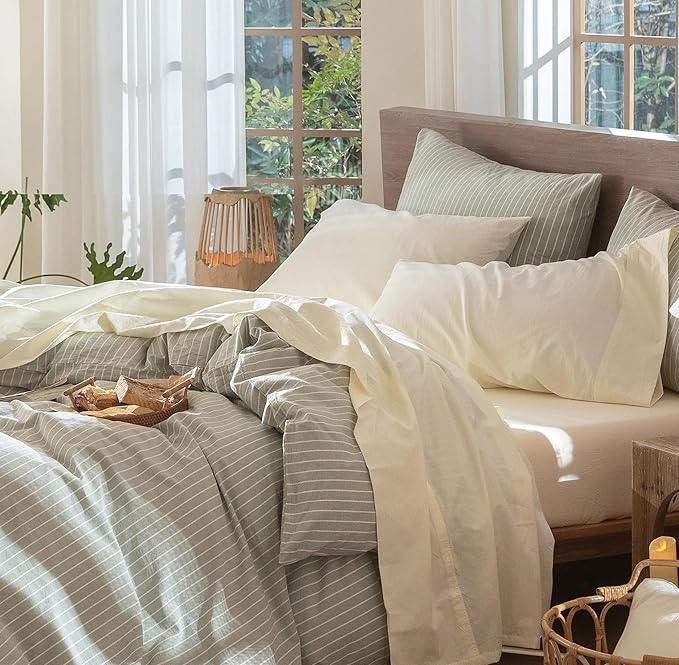 MooMee Bedding Sheet Set 100 Washed Cotton Linen Like Textured Breathable Durable Soft Comfy (Cream White, Queen)