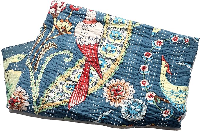 Somukara Indian Hand Block Animal Print Kantha Quilt Handmade Cotton Queen Size Kantha Bedding Throw Kantha Bohemian Blanket Bed Cover Kantha Bedspread Gudari (Blue)