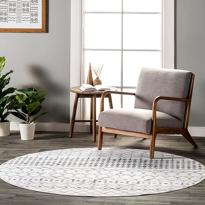 nuLOOM 6' Round SpinClean Machine Washable Stain-Resistant Area Rug with Non Slip Backing, Low Profile for Living Room, Bedroom, and Dining Room, Blythe Grey