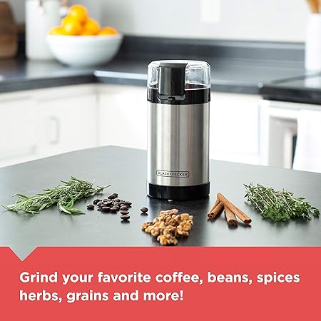 BLACKDECKER One Touch Coffee Grinder, 23 Cup Coffee Bean Capacity, Spice Grinder, One Touch Push-Button Control -150 Watts -Stainless Steel Blades