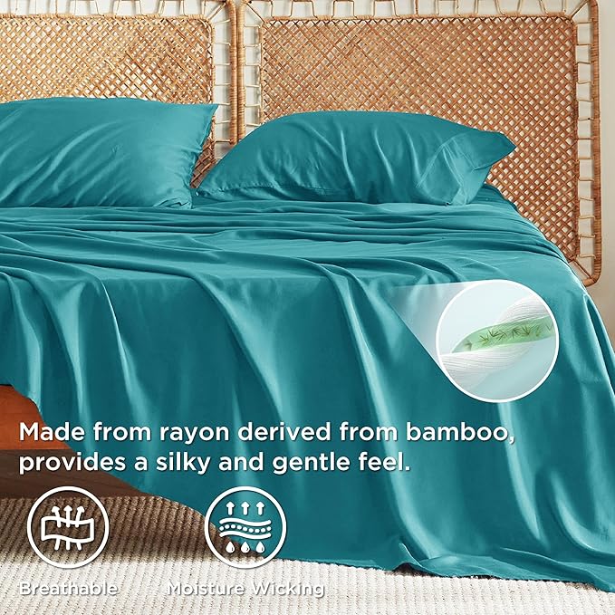 Bedsure Queen Sheet Set, Cooling Sheets for Queen Size Bed Set, Rayon Derived from Bamboo, Breathable Soft Deep Pocket Up to 16 Inches, Hotel Luxury Silky Bedding, Bedsheet Pillowcases, Turquoise