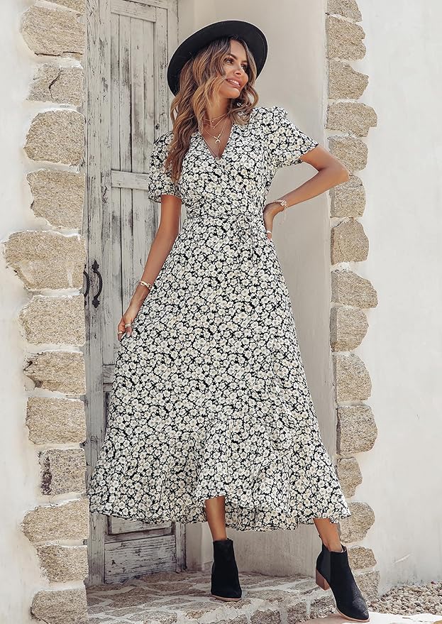 PRETTYGARDEN Women's Summer Maxi Dress Casual Wrap Floral Boho Short Sleeve V Neck Split Ruffle Beach Long Dresses