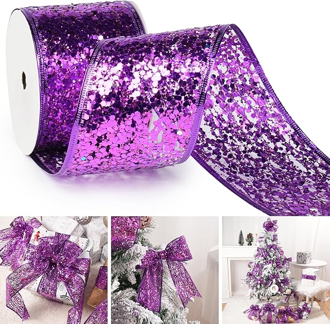 MAYREEL 2.5 Inch Purple Mesh Wired Halloween Ribbon Metallic Sequin Glitter Web for Christmas Tree Gift Wrapping Crafts Topper Bows Wreaths Holiday Decor Garland 10 Yards