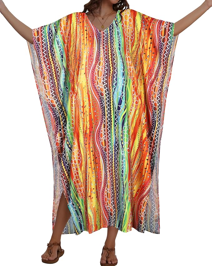 Kaftan Dresses for Women V Neck Caftan Long Batwing Sleeve Swimsuit Cover Up Beach Swimwear