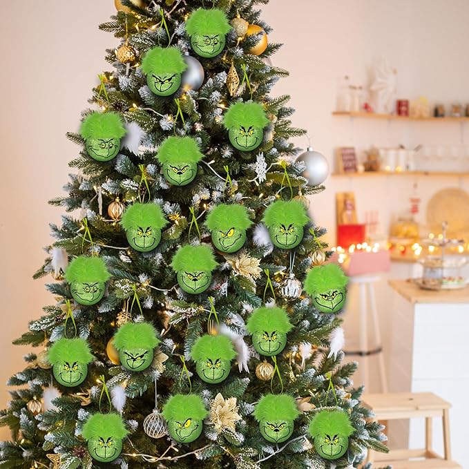 12PCS Christmas Ball Ornaments,6 Styles Glitter Christmas Tree Ornaments with Fuzzy Hair, Green Elf Balls Ornament Holiday Hanging Xmas Balls Baubles for Tree Decorations