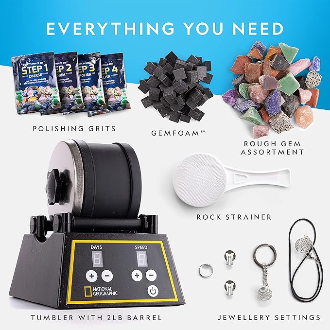 National Geographic - 3 lb rock tumbler kit, extra large capacity barrel with 3 speed motor and 9 day timer, kit includes rocks for polishing and polishing rocks, rock tumbler