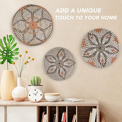 Clinton Calicep Nicolea Woven Wall Basket Decor Set of 3 - Modern Boho Rustic Wicker Hanging Wall Baskets - Natural Decorative Storage for Bedroom, Kitchen, Living Room Dining Room