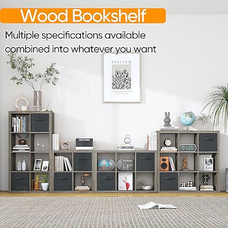 Bookshelf with Storage Bins, 8-Cube Storage Organizer with Back Panels, Modern Wood Open Bookcase, Multifunctional Display Shelf for Living Room, Bedroom, Home Office, Gray Oak