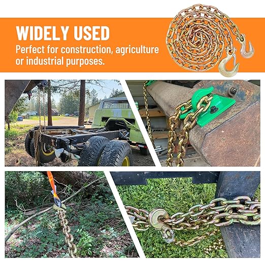 3/8" Binder Chain with Clevis Grab Hooks, 8 FT Trailer Safety Chain, Grade 70 Standard Duty Transport Tow Chain 6,600 Pound Safe Working Load