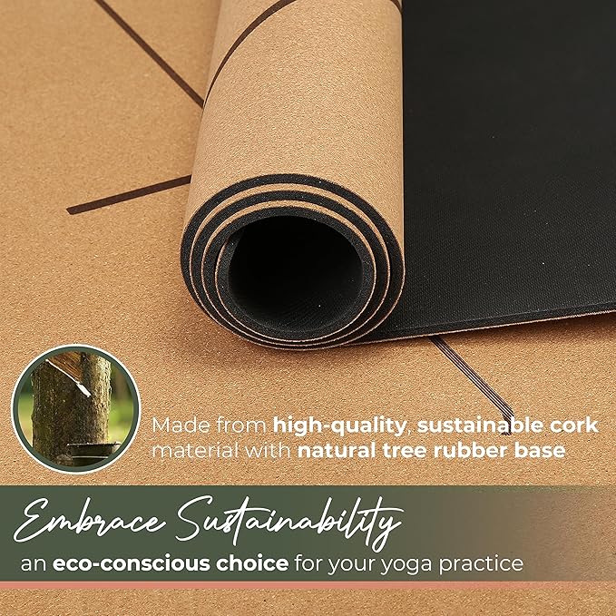Premium Yoga Cork Mat 5mm Thick Natural Tree Rubber Base and Bigger Mat for Extra Support, Alignment lines for Guidance Non-Slip, Natural Eco-friendly, Your Ultimate Eco-Friendly Yoga Companion