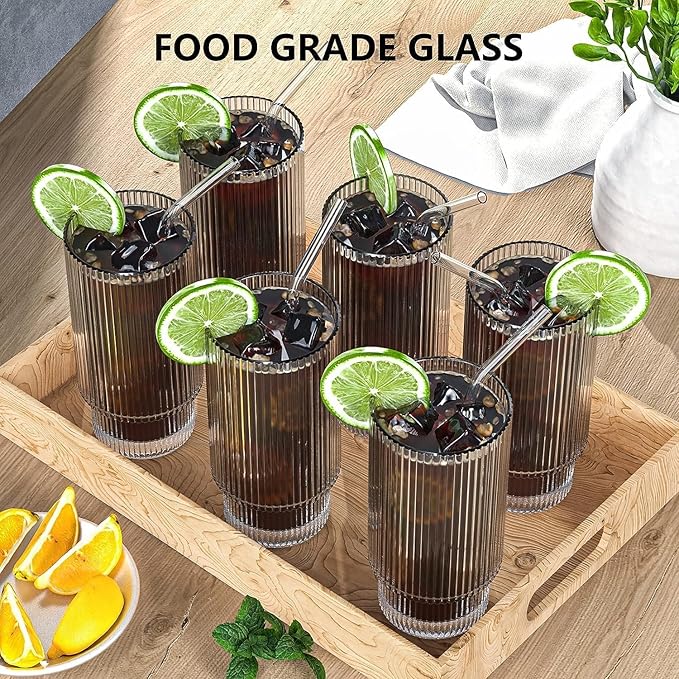 16 oz glass cup with lid and straw, vintage ribbed glassware for whiskey, cocktail, beer, iced coffee cups with lid, glass cup with straw and lid (pack of 1)