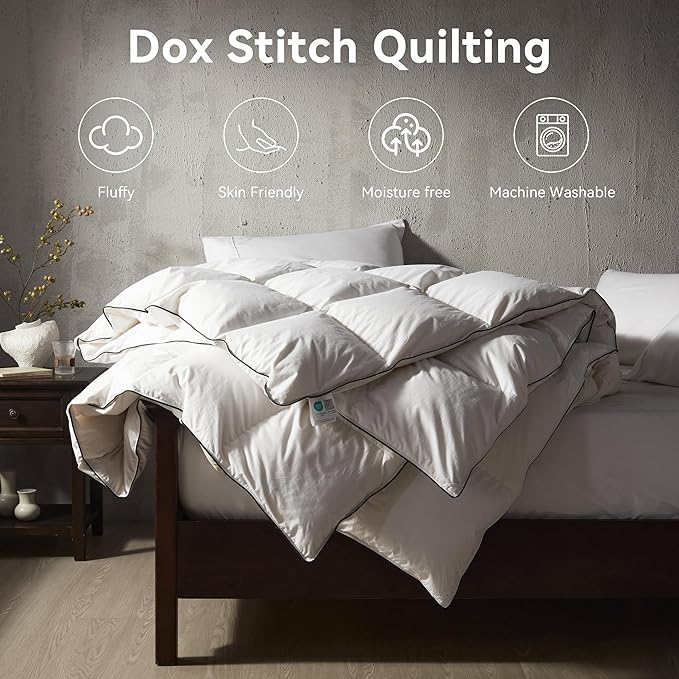 Alanzimo Luxurious Goose Feather Down Fiber Comforter Oversized King, 100 Organic Cotton Cover Wihte Duvet Insert, Hotel Grade All Season Bedding Comforters 116x98 with 8 Tabs