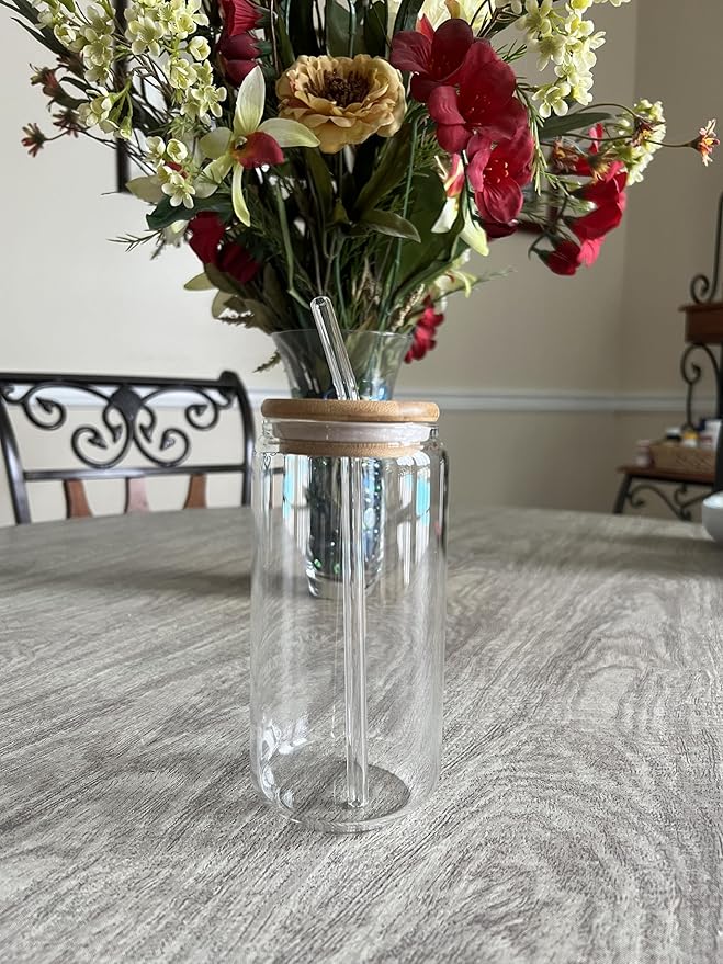 16 oz Clear Glass Tumbler with Bamboo lid and Glass Straw