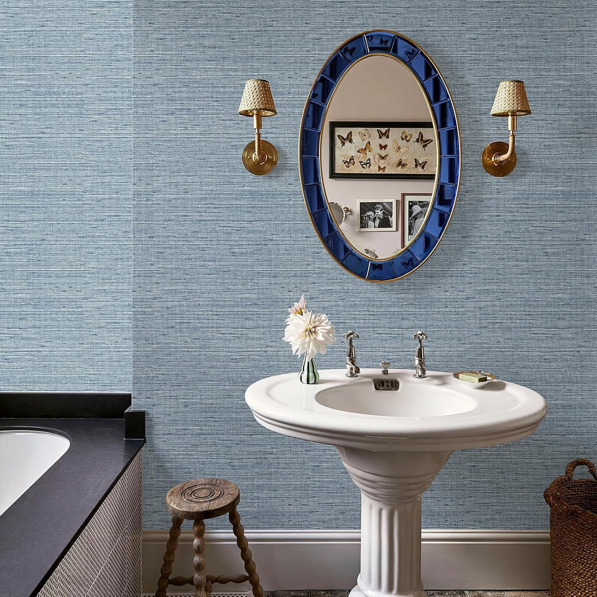 Grasscloth Peel and Stick Wallpaper 17.3" x 197" Blue Textured Grasscloth Wall Paper Renter Friendly Wallpaper Self Adhesive Removable for Bathroom Bedroom
