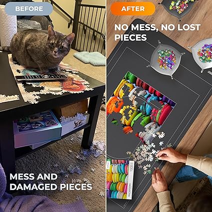 Newverest Jigsaw Puzzle Mat Roll Up, Saver Pad 55 x 35.5 Portable Keeper Up to 3000 Pieces with Non-Slip Rubber Bottom and Polyester Top 3 Puzzle Sorting Trays, Travel-Friendly Storage Bag