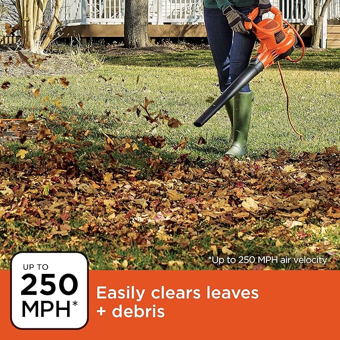 BLACK+DECKER Electric Leaf Blower, Leaf Vacuum and Mulcher 3 in 1, Backpack Blowers for Lawn Care,250 mph Airflow, 400 cfm Delivery Power, Reusable Bag Included, Corded (BEBL7000)